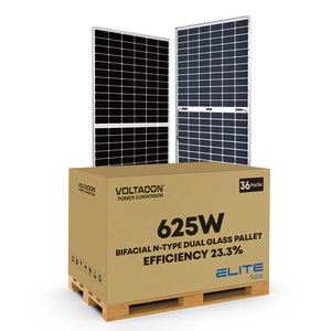 Voltagon 625W bifacial N-type dual glass solar panels on wooden pallet with cardboard shipping box, 36 pack, 23.3% efficiency
