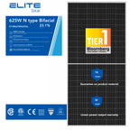 Elite Solar 625W bifacial solar panel with Tier 1 Bloomberg certification badge, 12-year material guarantee, and 30-year powe