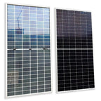 Two solar panels side by side showing light blue and dark gray bifacial designs with white frames and gridlines.