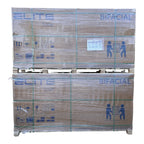Pallet of 36 Elite Solar 625W Bifacial solar panels wrapped in plastic, stacked in two tiers with blue "BIFACIAL" and "Solar"