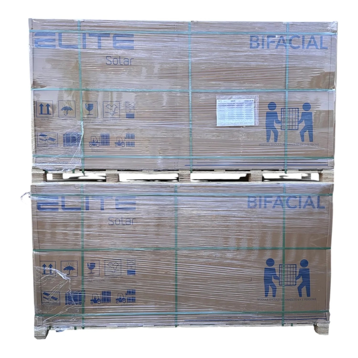 Pallet of 36 Elite Solar 625W Bifacial solar panels wrapped in plastic, stacked in two tiers with blue "BIFACIAL" and "Solar"