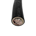 Cross-section of black electrical cable showing copper conductors and insulation layers, product details visible on outer she