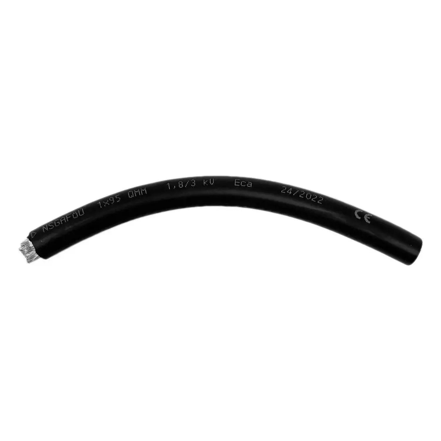 Black electrical cable with specifications printed on surface, curved against white background, showing manufacturer markings