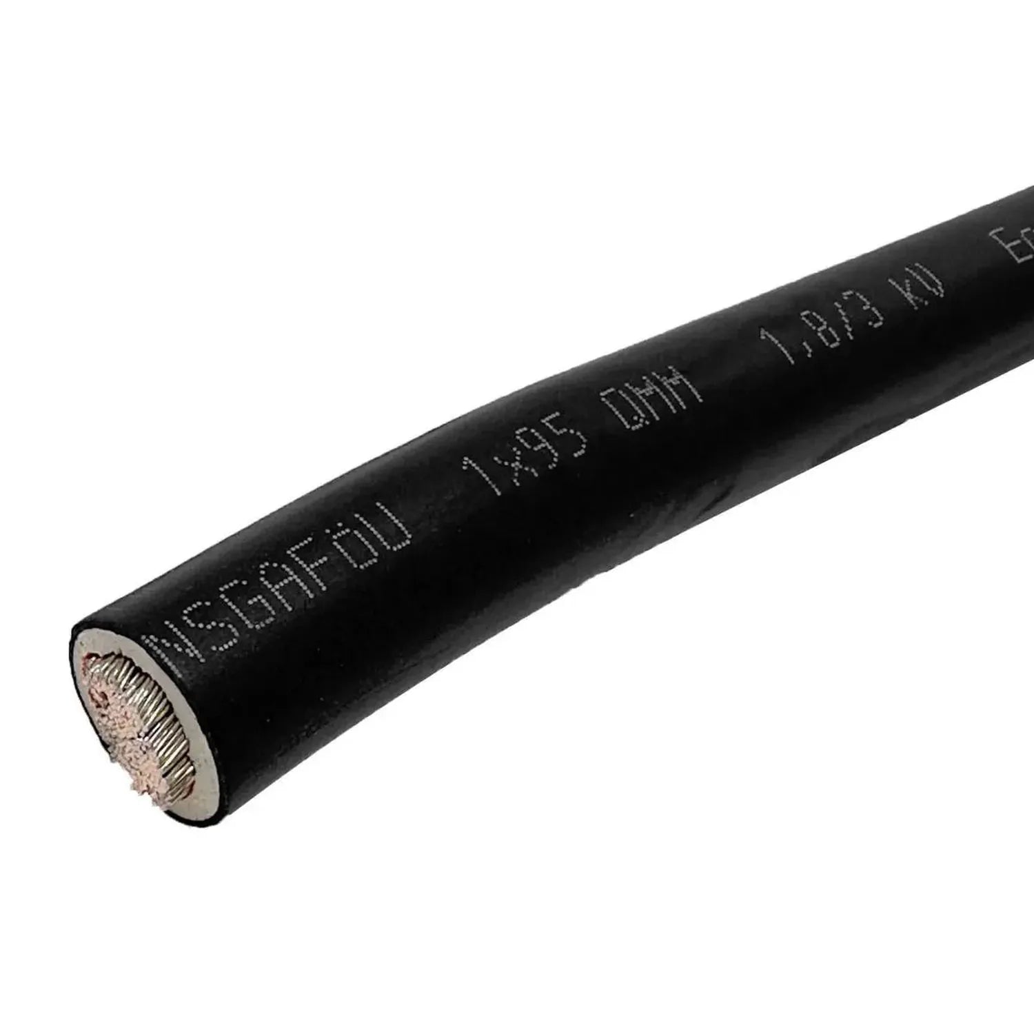 Black single-core electrical cable with copper conductor visible at cut end, printed specification text along length, product