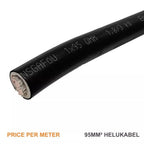 95mm² Helukabel black cable with copper conductor visible at end, showing printed specifications on black sheath