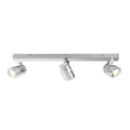 Chrome three-light ceiling track fixture with cylindrical spotlights and adjustable heads, product shot on white background.