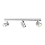 Chrome three-light ceiling track fixture with cylindrical spotlights and adjustable heads, product shot on white background.