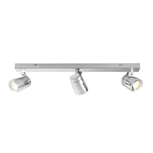 Chrome three-light ceiling track fixture with cylindrical spotlights and adjustable heads, product shot on white background.
