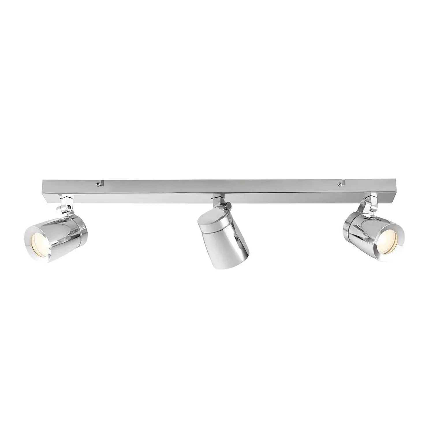 Chrome three-light ceiling track fixture with cylindrical spotlights and adjustable heads, product shot on white background.