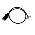 Black extension cable coiled in circle with red and black male connector on left end and open wire terminals on right end.