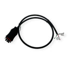 Black extension cable coiled in circle with red and black male connector on left end and open wire terminals on right end.