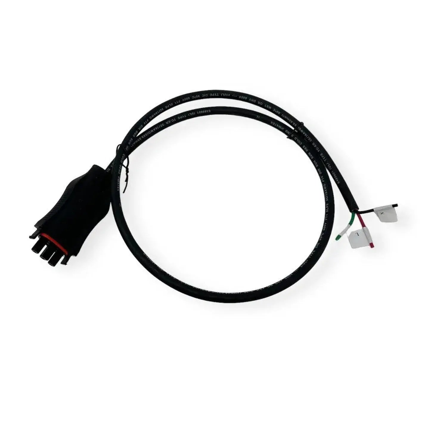 Black extension cable coiled in circle with red and black male connector on left end and open wire terminals on right end.