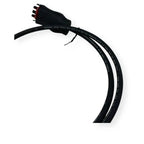 Black microinverter extension cable with male connector and red terminals at one end, coiled against white background.