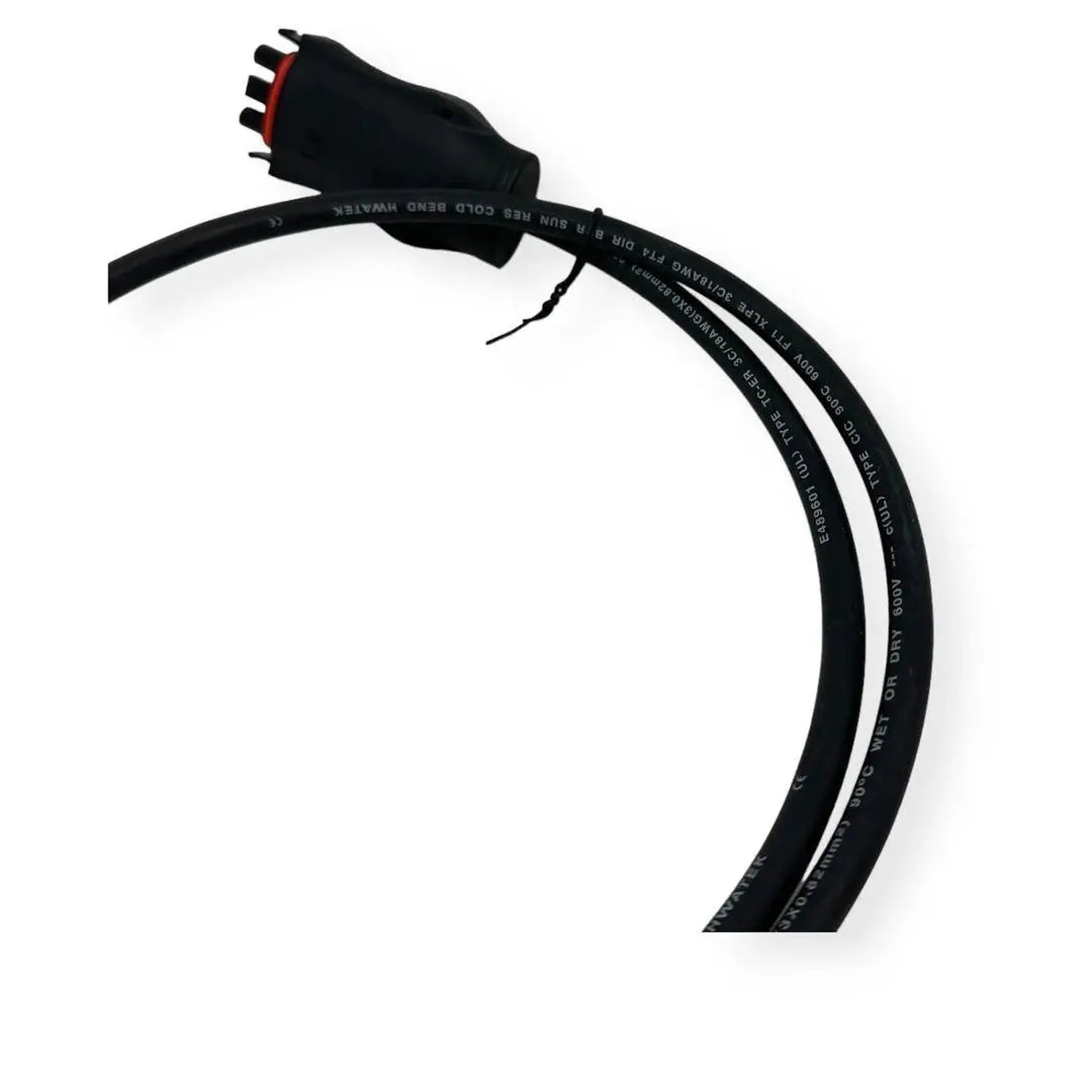 Black microinverter extension cable with male connector and red terminals at one end, coiled against white background.
