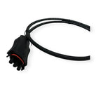Black coiled extension cable with male connector on left end and open wire ends on right, red accent band visible near connec