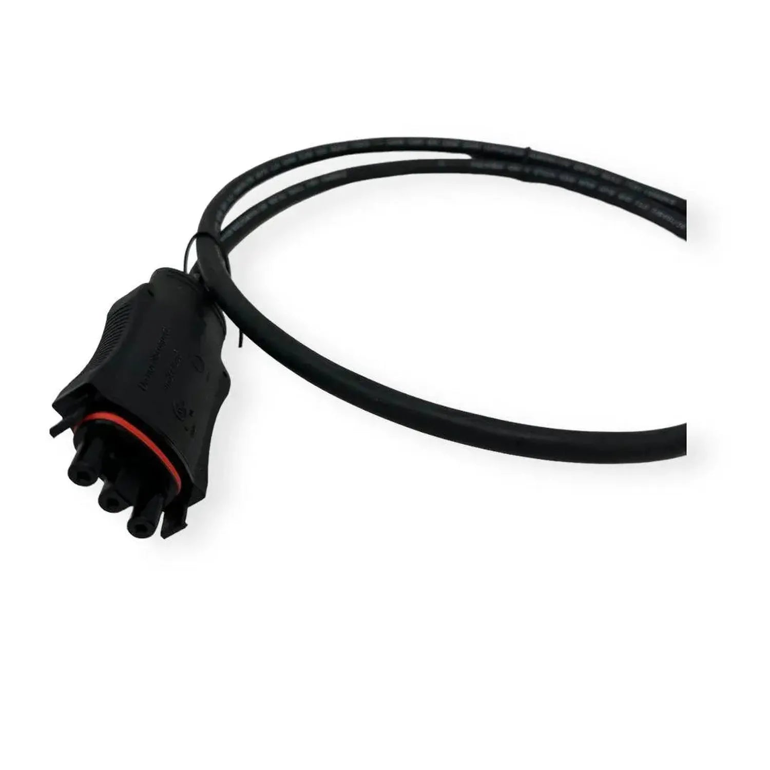 Black coiled extension cable with male connector on left end and open wire ends on right, red accent band visible near connec