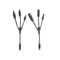 Two black solar Y-branch cable splitters with MC4 connectors, showing three input cables joining to one output cable on each 