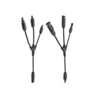 Two black solar Y-branch cable splitters with MC4 connectors, showing three input cables joining to one output cable on each 