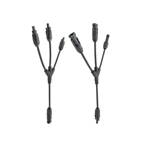 Two black solar Y-branch cable splitters with MC4 connectors, showing three input cables joining to one output cable on each 