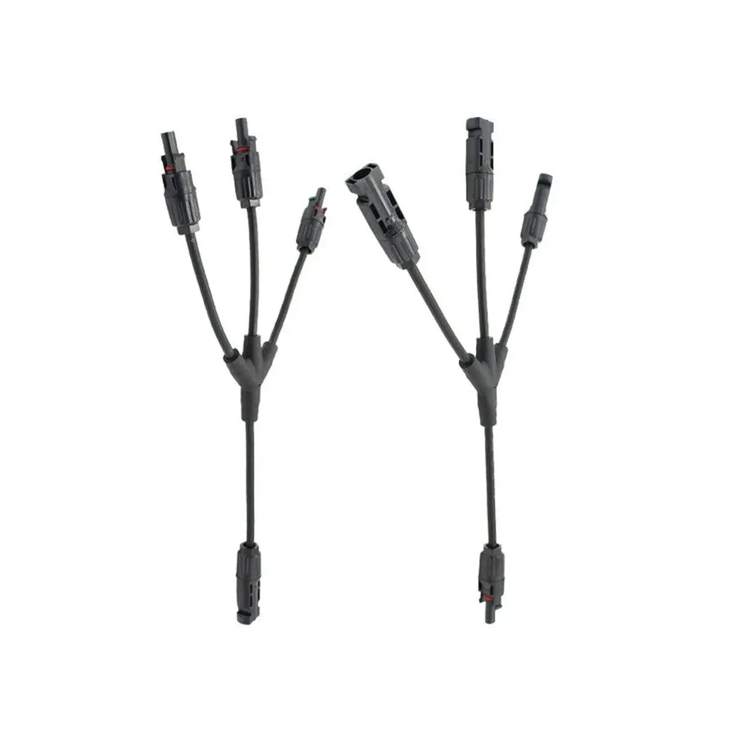 Two black solar Y-branch cable splitters with MC4 connectors, showing three input cables joining to one output cable on each 