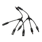 Black solar cable splitter with Y-shaped junction featuring multiple MC4 connectors branching into three output cables and on