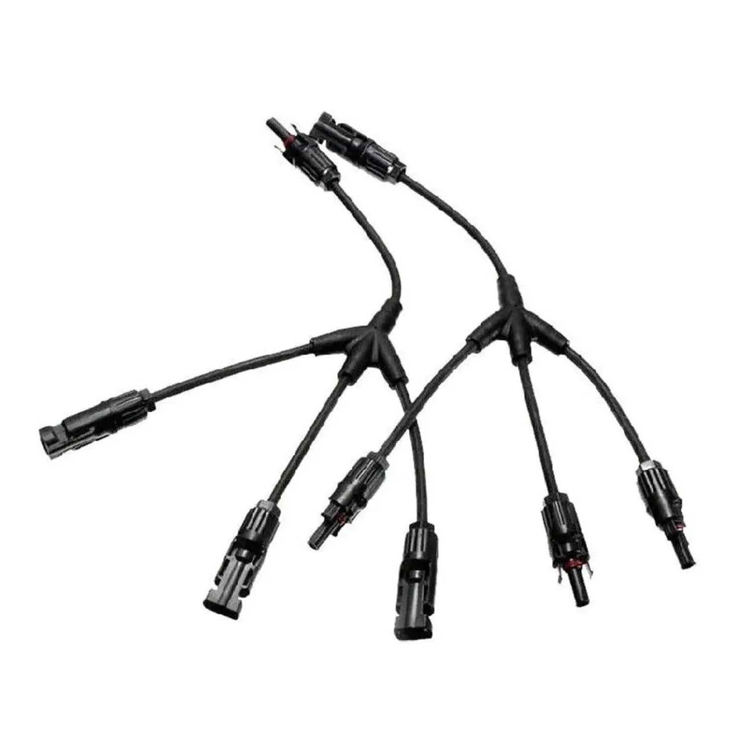 Black solar cable splitter with Y-shaped junction featuring multiple MC4 connectors branching into three output cables and on