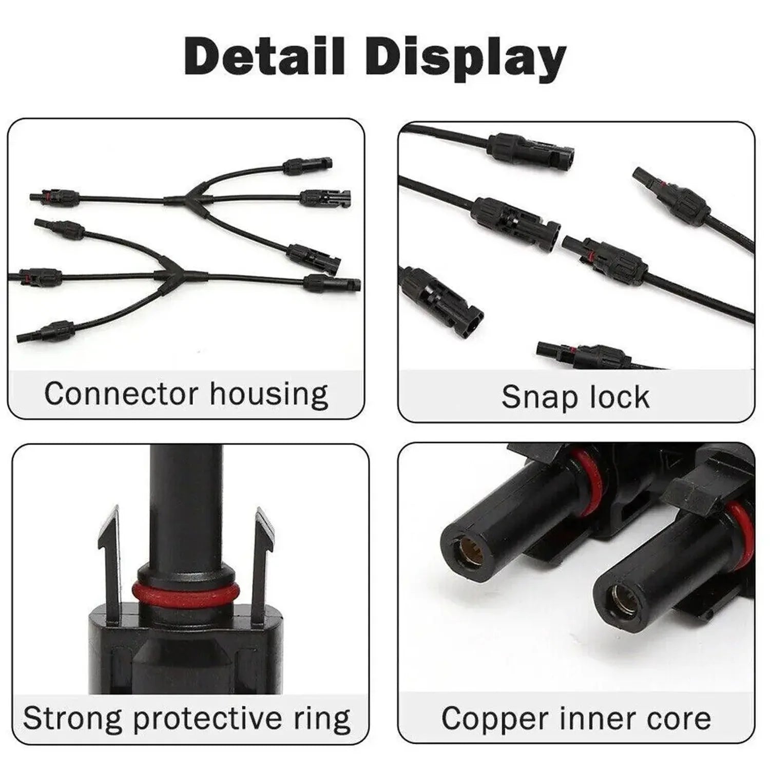 Four detail images showing connector housing, snap lock mechanism, protective ring, and copper inner core of solar cable spli