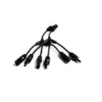 Black Y-branch solar cable splitter with MC4 connectors, three input cables and one output connector, displayed against white