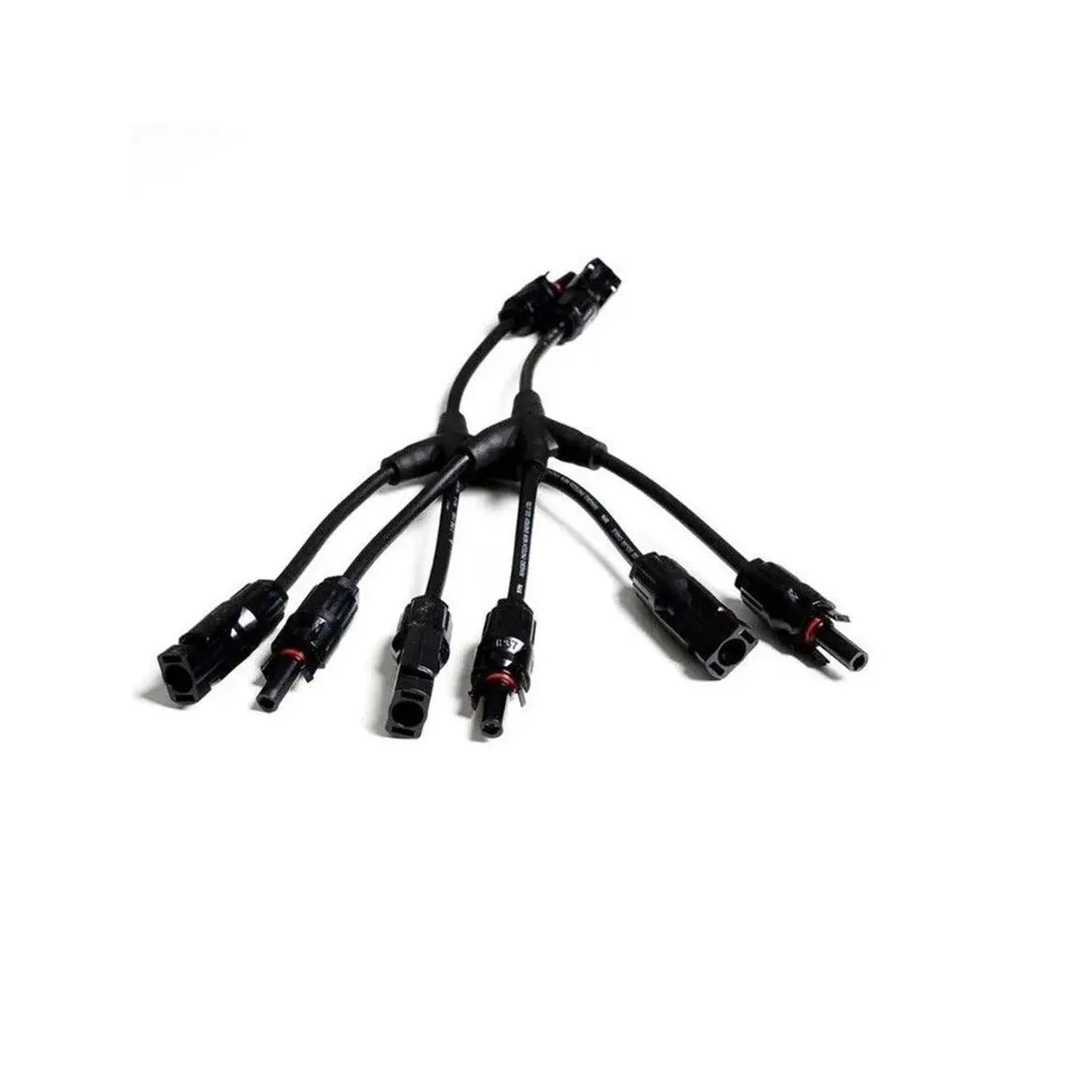 Black Y-branch solar cable splitter with MC4 connectors, three input cables and one output connector, displayed against white