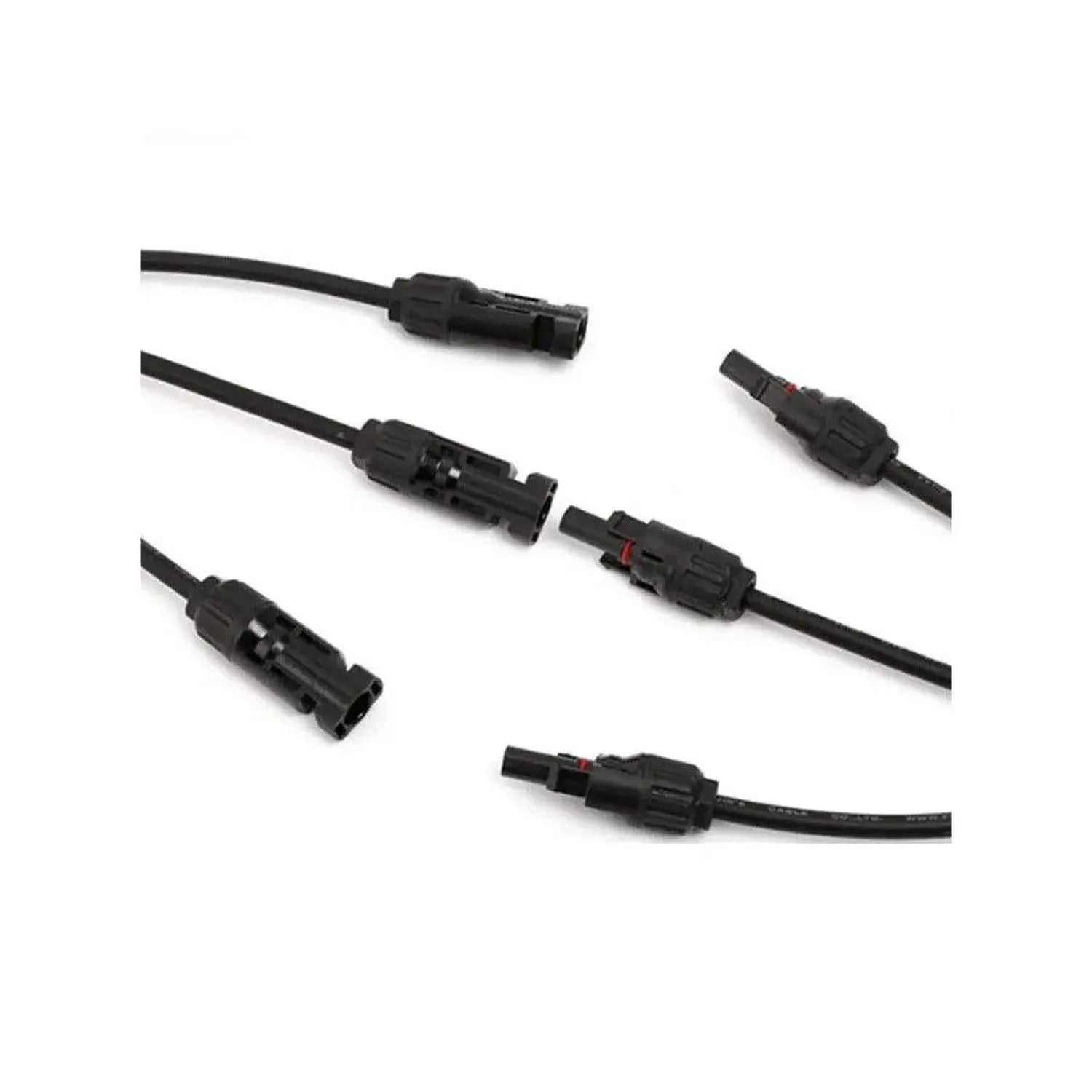 MC4 connector cables and splitters displayed against white background showing three-way branch configuration with male and fe