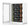 White cabinet with open door showing stacked Pylontech US500 battery modules with orange and green wiring.