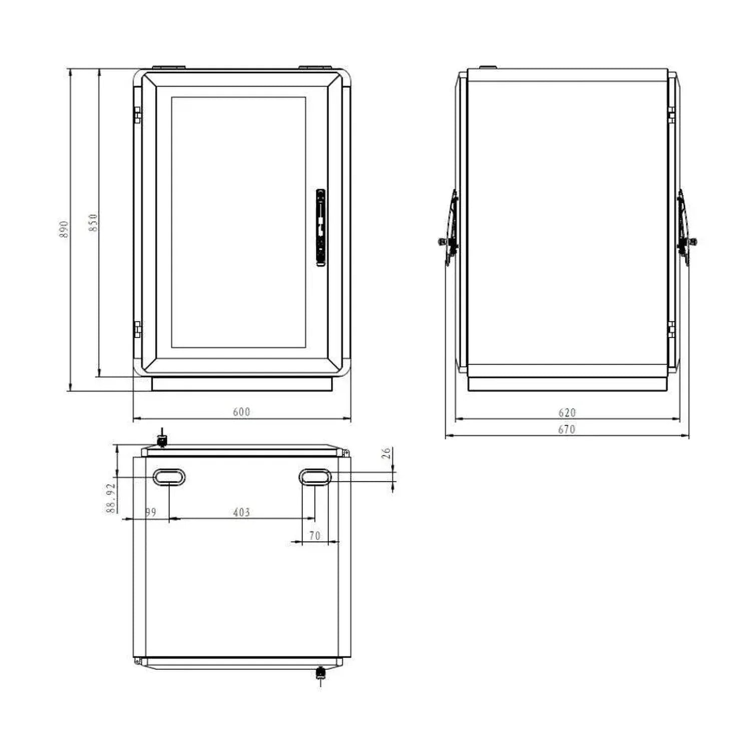 Technical dimension diagram of Pylontech US5000 battery cabinet showing front, side, and top views with measurements in milli