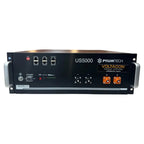 Pylontech US5000 battery cabinet front panel with power controls, network ports, and orange terminal connectors.