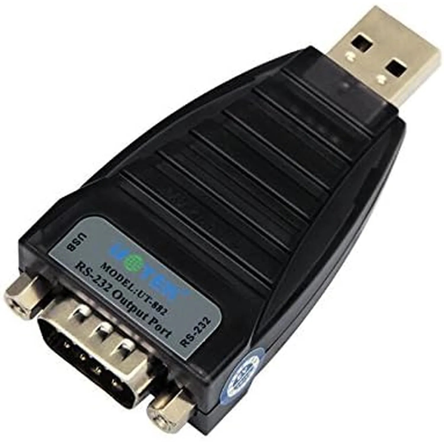 UOTEK UT-882 USB to RS-232 serial converter with USB connector on top and DB-9 female port below, black plastic housing with 