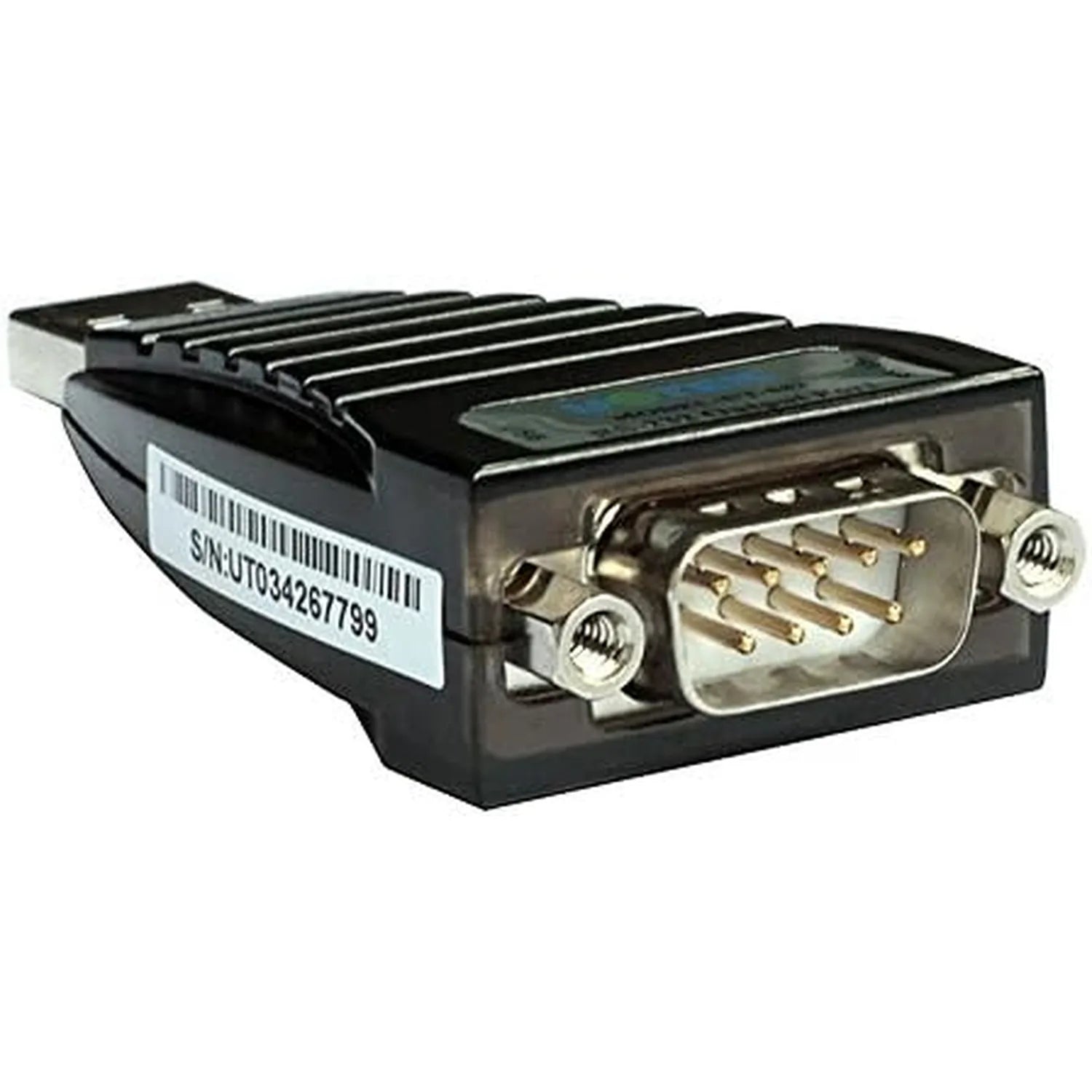 USB to RS-232 converter with metal connector housing, heat sink fins, and serial number label visible on black casing.