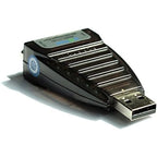 Black USB to RS-232 converter with ribbed metal casing, digital display, and USB connector, angled product shot on white back