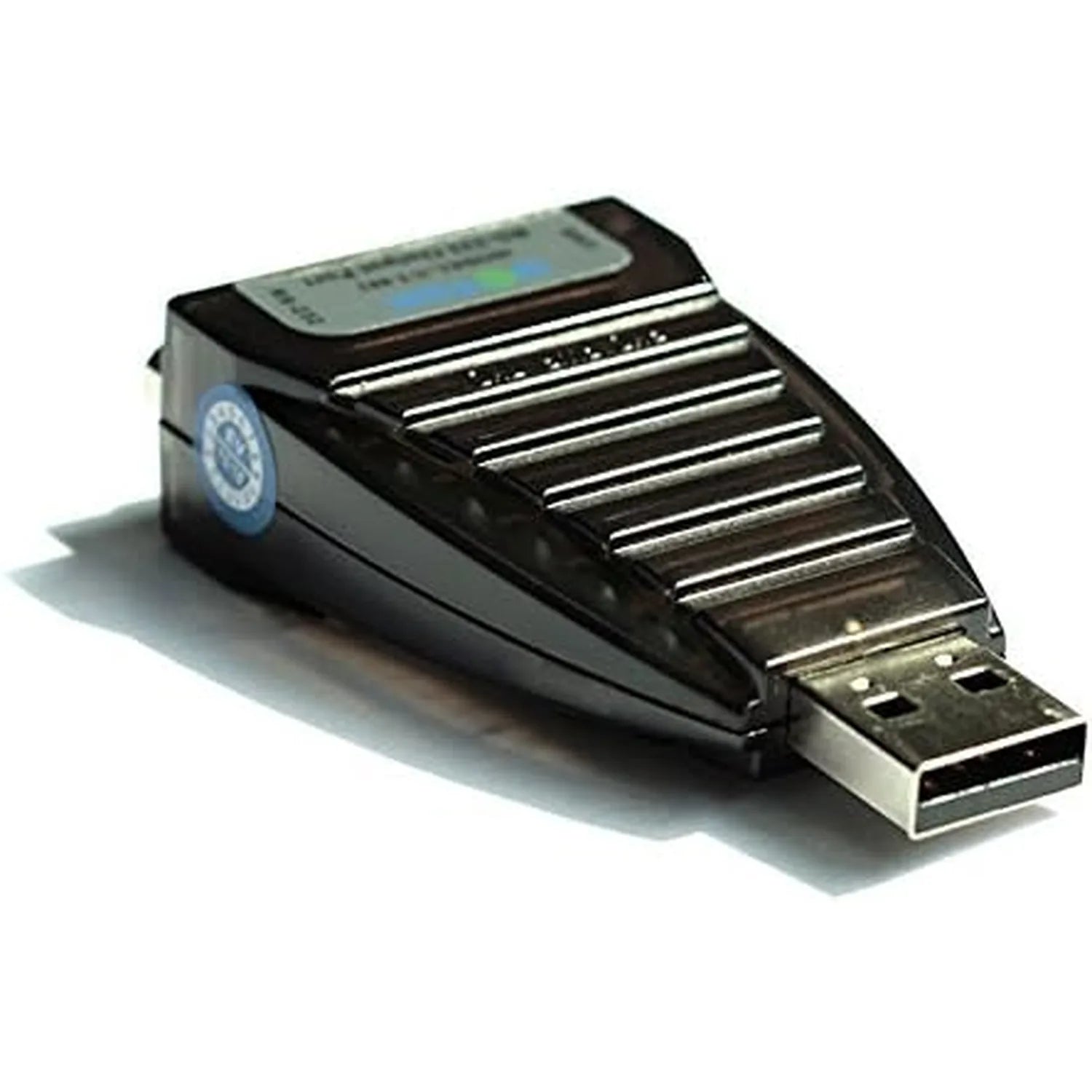 Black USB to RS-232 converter with ribbed metal casing, digital display, and USB connector, angled product shot on white back