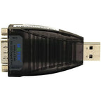 Black USB to RS-232 serial converter with DB9 connector and two USB ports, front view product shot against white background.