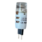 G4 LED bulb with white cylindrical body, two metal pins at base, specifications printed on label including 1.5W 12V and CE Ro