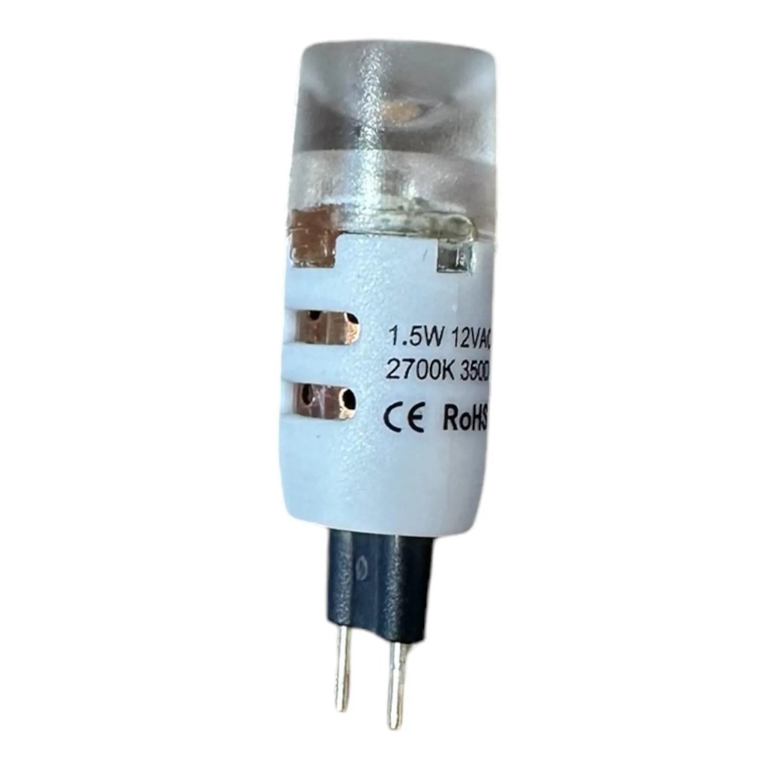 G4 LED bulb with white cylindrical body, two metal pins at base, specifications printed on label including 1.5W 12V and CE Ro
