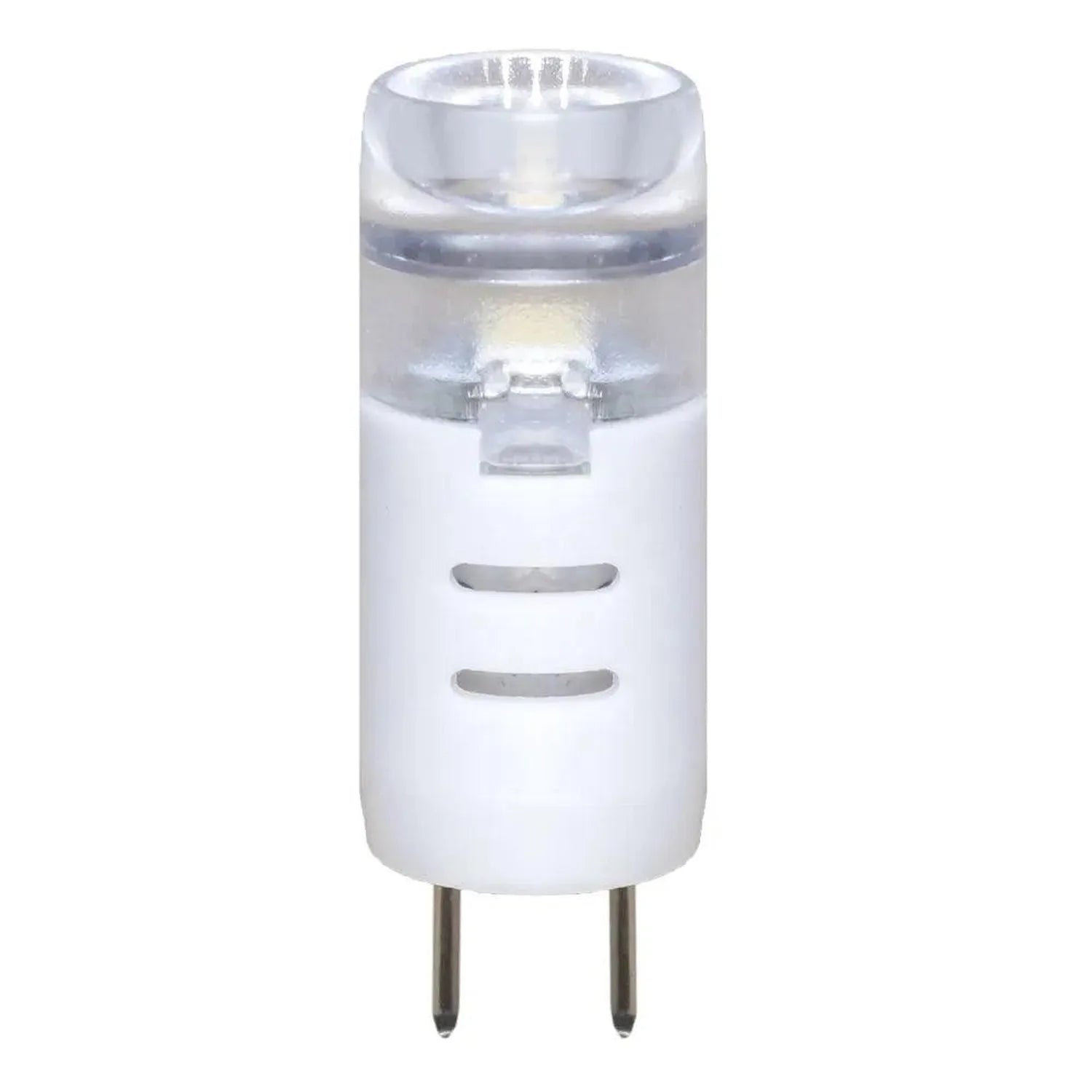 White G4 LED bulb with clear dome top and two metal pins, shown as standalone product against white background.