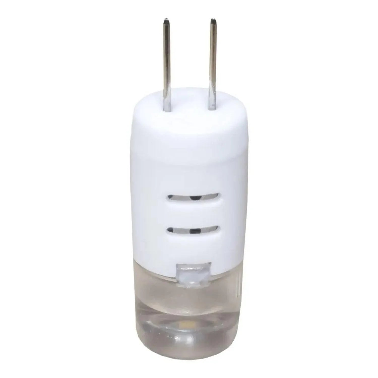White cylindrical plug-in air freshener or diffuser with two metal prongs and translucent liquid reservoir at base.