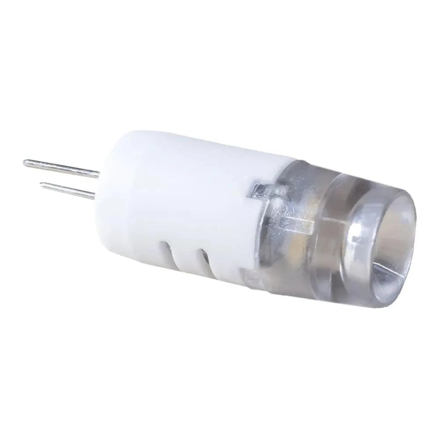 G4 LED bulb with white plastic body and metal base, shown against white background with two metal pins visible on left side.