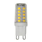 White ceramic G9 LED bulb with two rows of five yellow square lights mounted on gray circuit board.