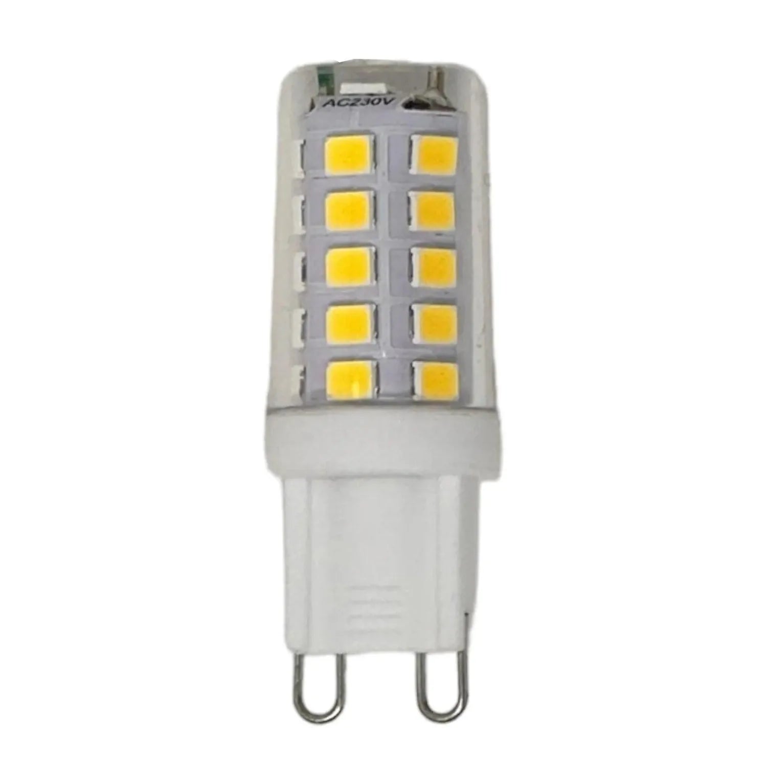 White ceramic G9 LED bulb with two rows of five yellow square lights mounted on gray circuit board.