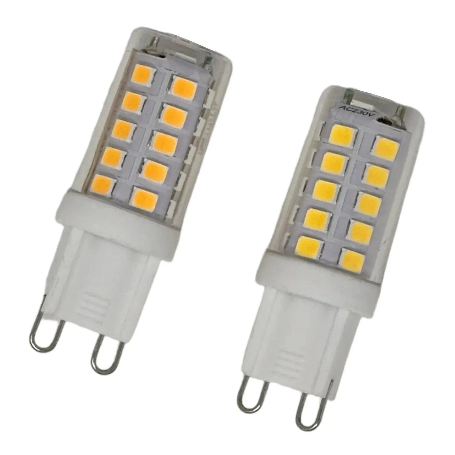 Two G9 LED light bulbs with warm white square chips in ceramic housings, shown against white background.