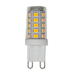 G9 LED light bulb with white ceramic base and yellow SMD chips arranged in vertical rows, shown against white background.