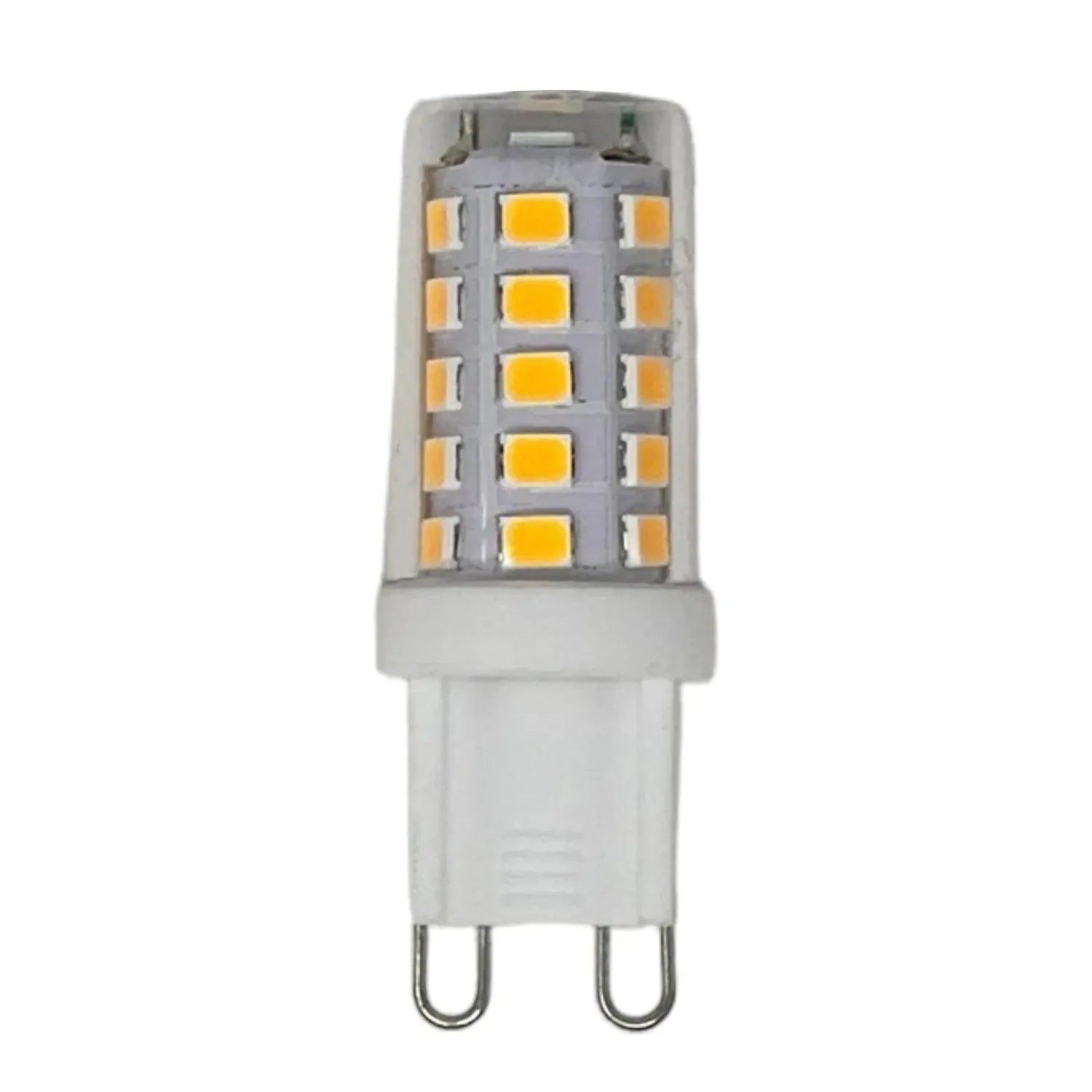 G9 LED light bulb with white ceramic base and yellow SMD chips arranged in vertical rows, shown against white background.