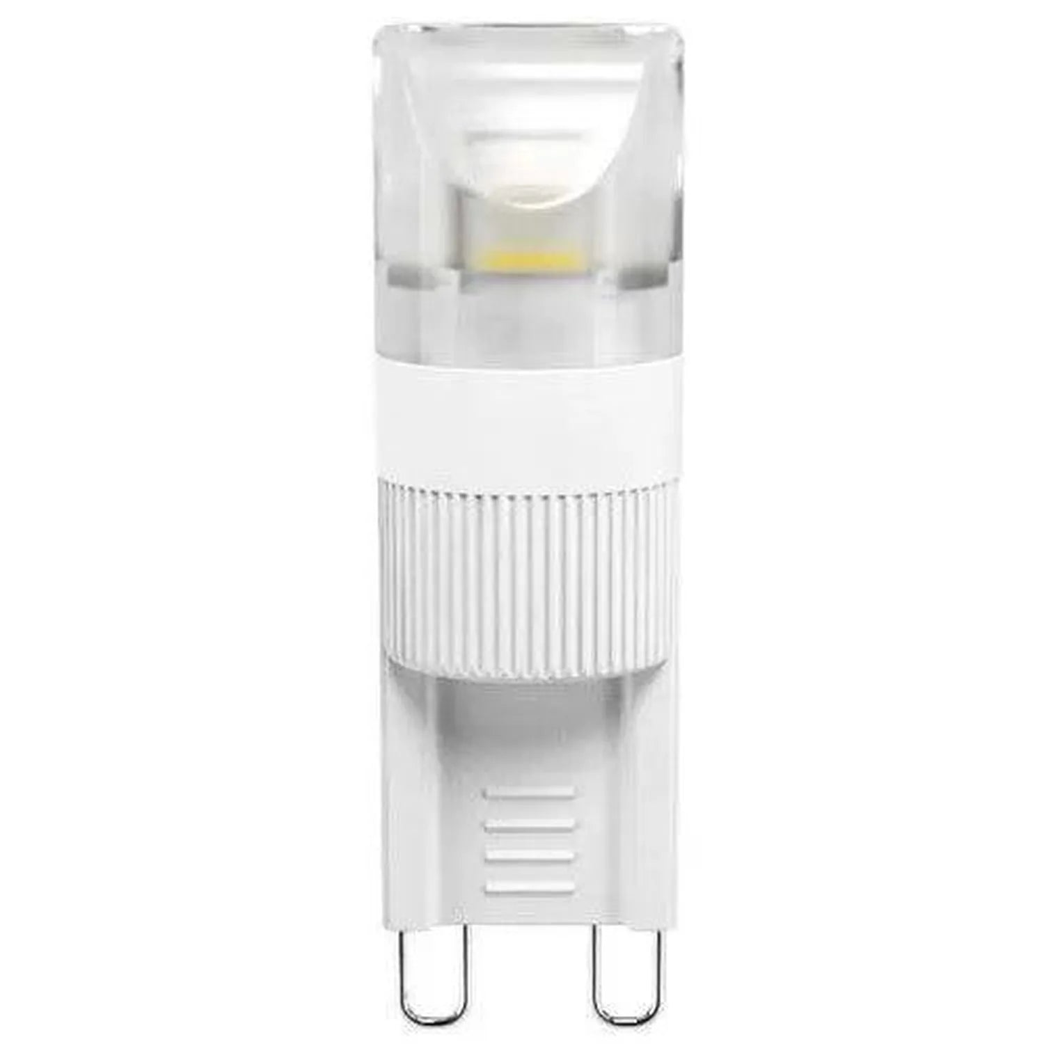 White G9 LED bulb with clear top and textured grip band, shown against white background.