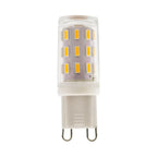 G9 LED bulb with frosted glass housing and warm white LED elements arranged in three vertical rows, shown against white backg